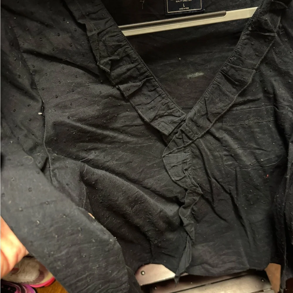 Black Ruffled V-Neck Blouse - Picture 1 of 2